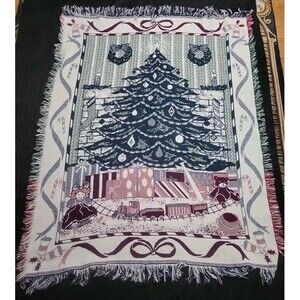 Vintage 90’s Tapestry Throw Blanket Cat Christmas Tree Fringe 60x44”